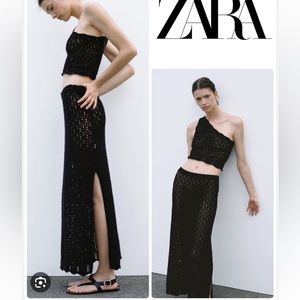 Zara Set of 2 Long Pointelle Crochet Skirt and Asymmetric Knit Top